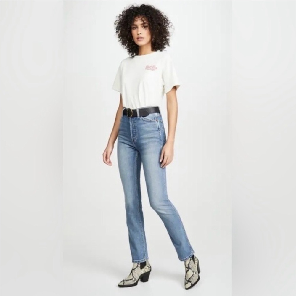 RE/DONE Double Needle Long Hi Waist Straight/SkimmyLeg Light Wash Raw Hem Jean